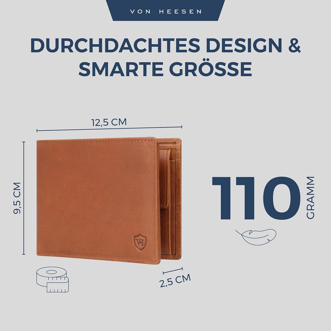 VON HEESEN Leder Geldbörse RFID Schutz I Echtleder Geldbeutel für Damen & Herren I Portemonnaie Brie