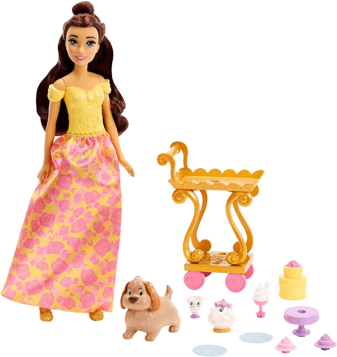 Disney Princess Spielzeug, Belle-Puppe mit schimmernder Kleidung, Teewagen, Freunden und Speisen, Te