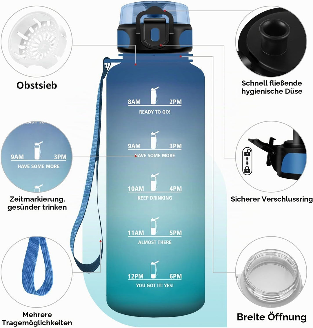 KollyKolla Trinkflasche Kohlensäure Geeignet, 500ml/1L/1.5L, Sport Trinkflasche mit Zeitmarkierung,
