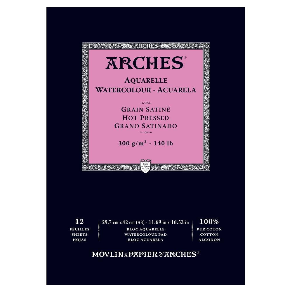 Arches 1795099 Aquarellpapier im Block, 16 Blatt, A3 42 x 29,7 cm Kopfgeleimt 300 g/m², Satiniert, n
