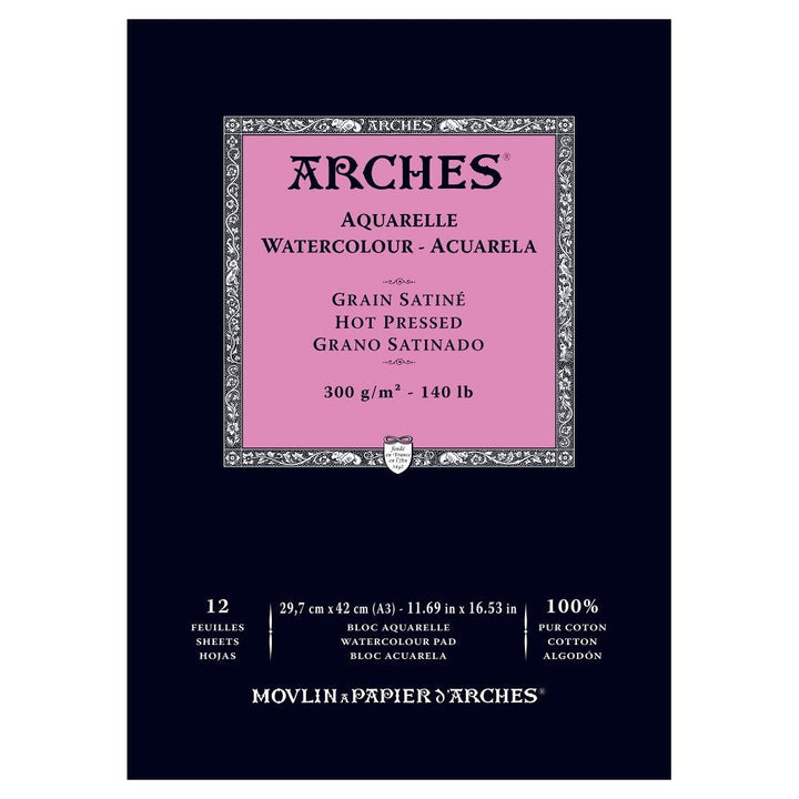 Arches 1795099 Aquarellpapier im Block, 16 Blatt, A3 42 x 29,7 cm Kopfgeleimt 300 g/m², Satiniert, n