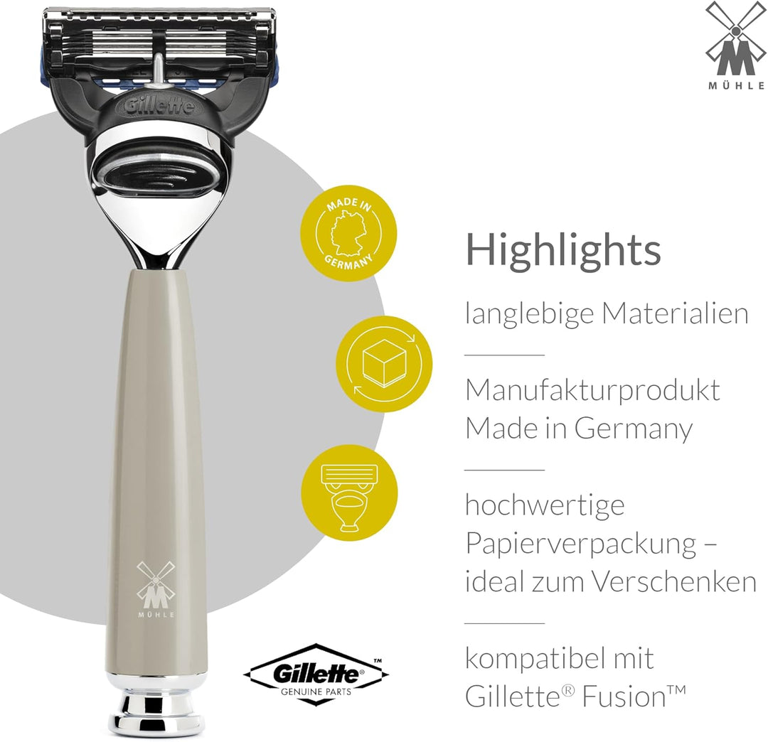 MÜHLE Rytmo Systemrasierer - kompatibel mit Gillette-Klingen, edler Edelharz-Griff, verchromten Meta