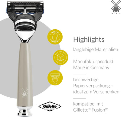 MÜHLE Rytmo Systemrasierer - kompatibel mit Gillette-Klingen, edler Edelharz-Griff, verchromten Meta