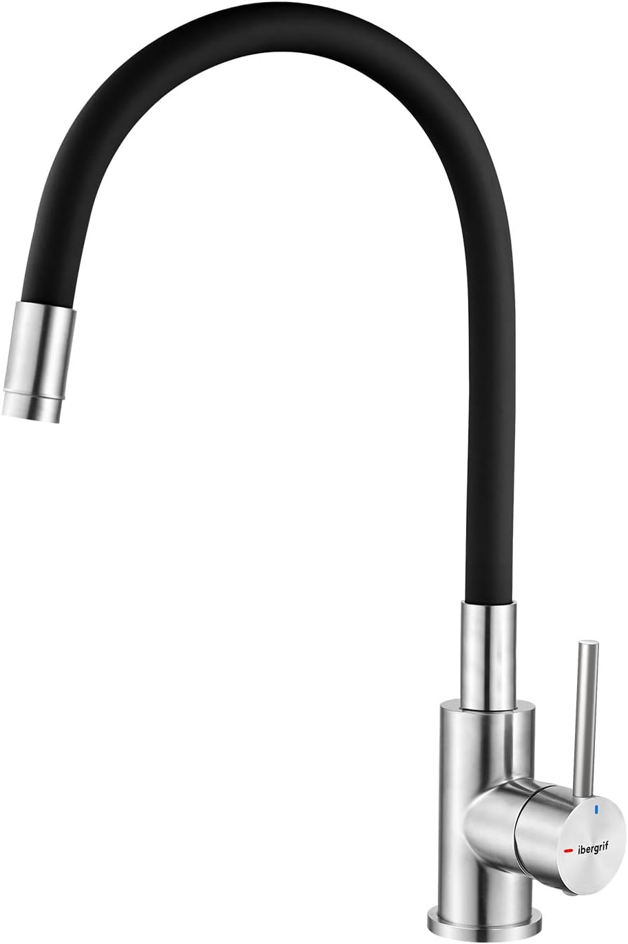 Ibergrif, Einhebel Küchenarmatur, Wasserhahn für Küche mit Schwarz Flexibler Auslauf, Supersteel, Sc