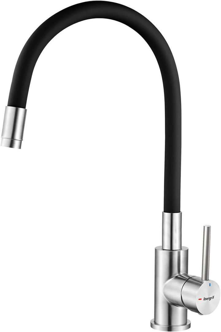Ibergrif, Einhebel Küchenarmatur, Wasserhahn für Küche mit Schwarz Flexibler Auslauf, Supersteel, Sc