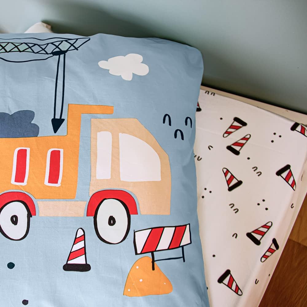 CÔTE DECO Bettwäsche-Set für Kinder, wendbar, LKW und Traktor, Blau, Bettbezug 140 x 200 cm + 1 Kiss