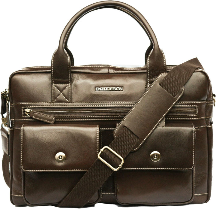 Enzo Design Aktentasche aus genarbtem Leder, abnehmbarer und verstellbarer Schultergurt, braun (Brau