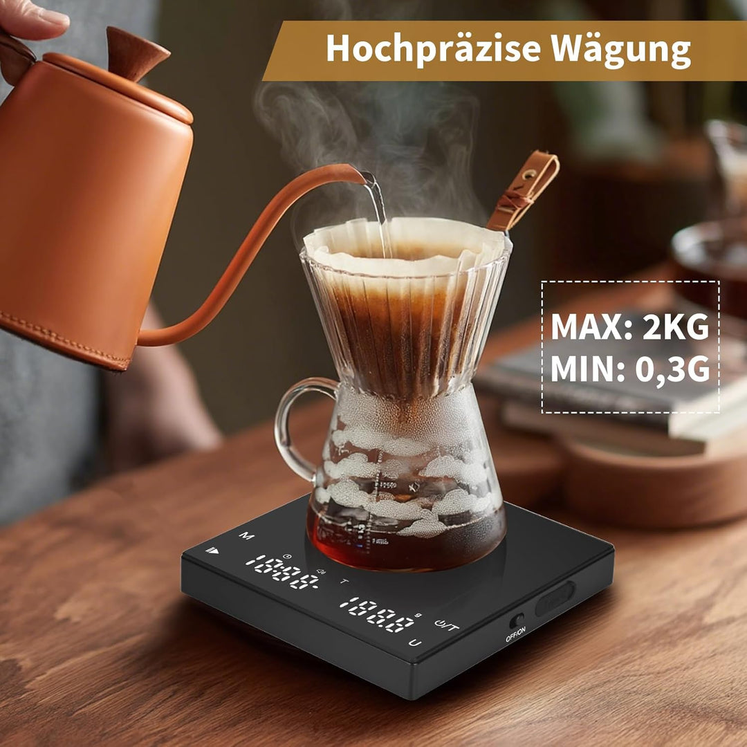Digitale Kaffeewaage mit Timer, Espresso Waage mit 0,1g Präziser Graduierung, USB Aufladbar Feinwaag