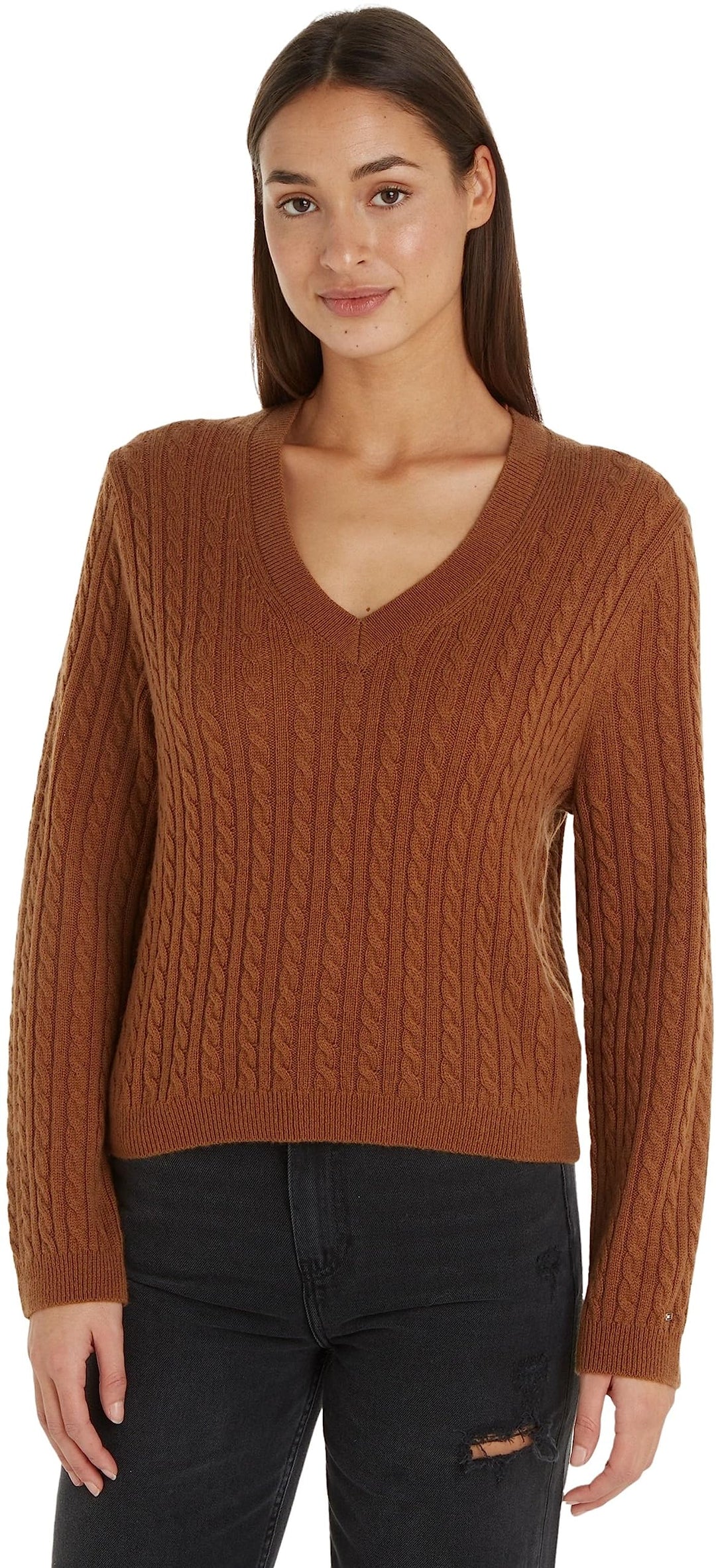 Tommy Hilfiger Damen Soft Wool Ao Cable V-nk Sweater Ww0ww39887 Pullover 3XL Braun (Natural Cognac),