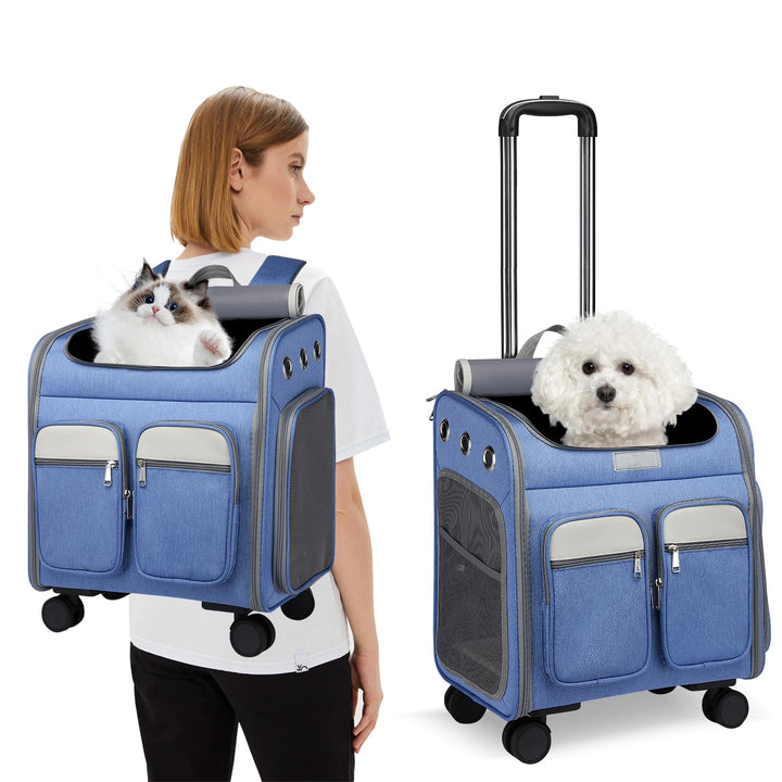 PETCUTE Katzenrucksack Hunderucksack mit Trolley 2 in 1 bis 11 kg,Faltbarer Hundetrolley mit 4 Räder