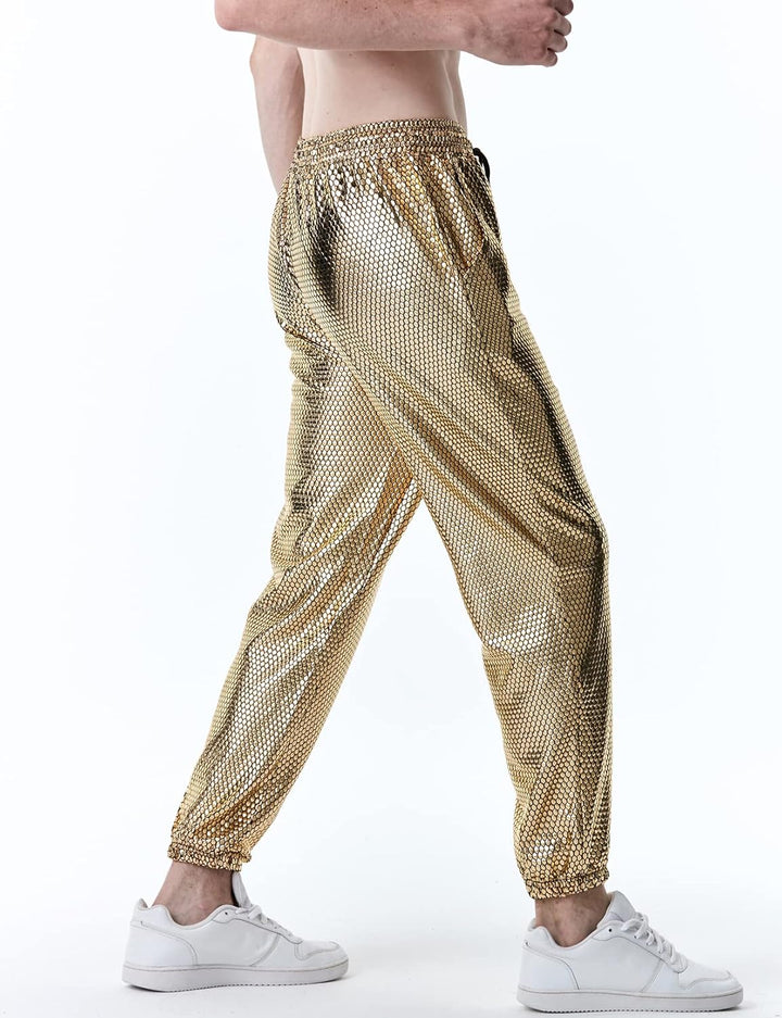 LucMatton Herren-Jogginghose, metallisch, glänzend, Disco-Party, elastische Hose M Gold-a, M Gold-a