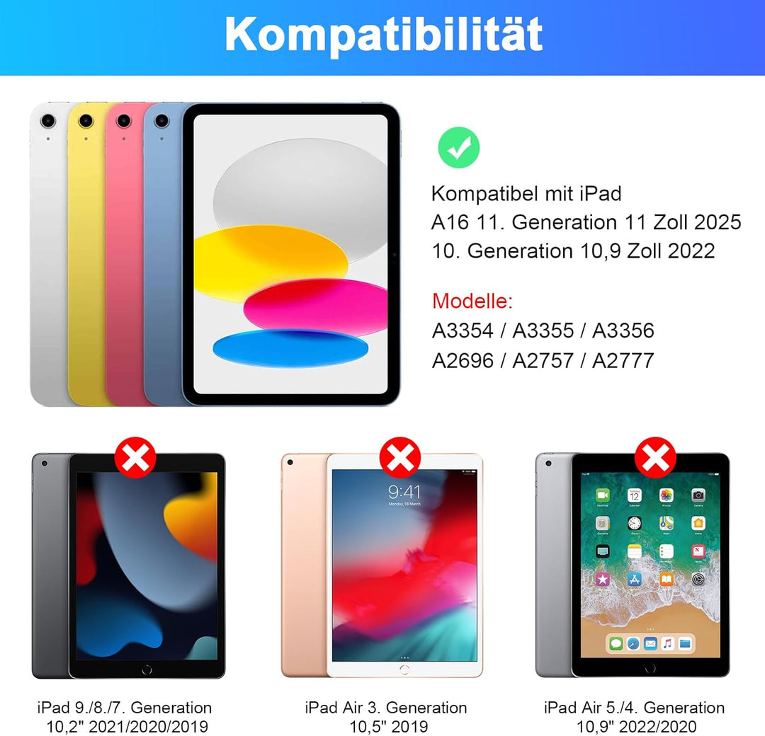 SOPPY Hülle mit Tastatur für iPad A16 11 Gen. 2025(A3354/A3355/A3356), 10,9 Zoll iPad 10 Gen. 2022(A