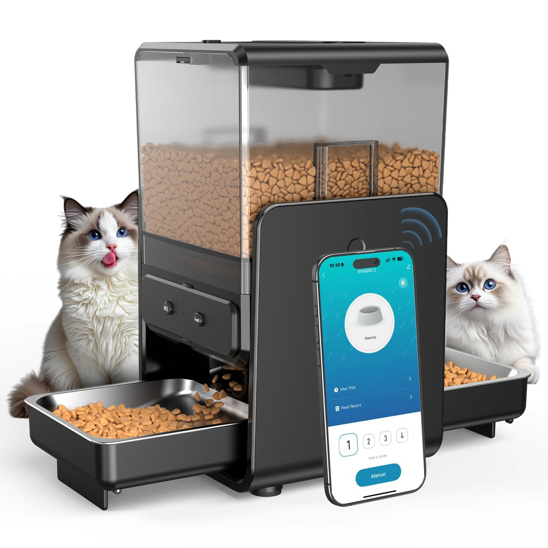 Futterautomat Katze mit App-Steuerung für 2 Katzen, höhenverstellbar für Kleintiere, 2 Näpfe, 5-Lite
