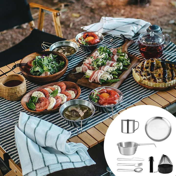 Camping Geschirr Set 8 Teilig, Wiederverwendbarer Camping Besteckset, Camping Geschirr 1 Person Inkl