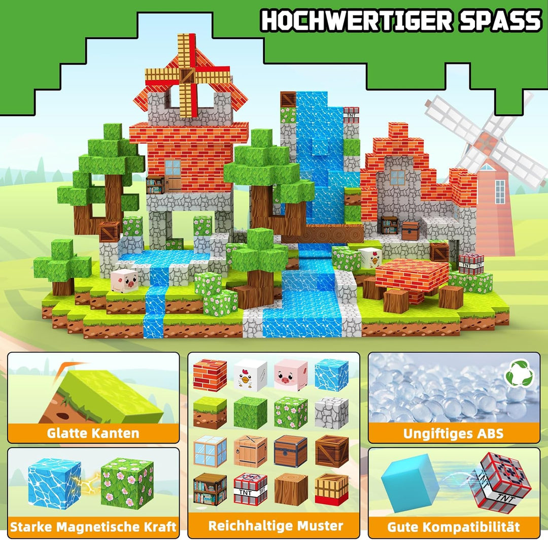 Magnetische Bausteine Blöcke 150 Stück 2 cm, Magnetic Building Blocks mit Windmühle Tiere, Magnet Ba