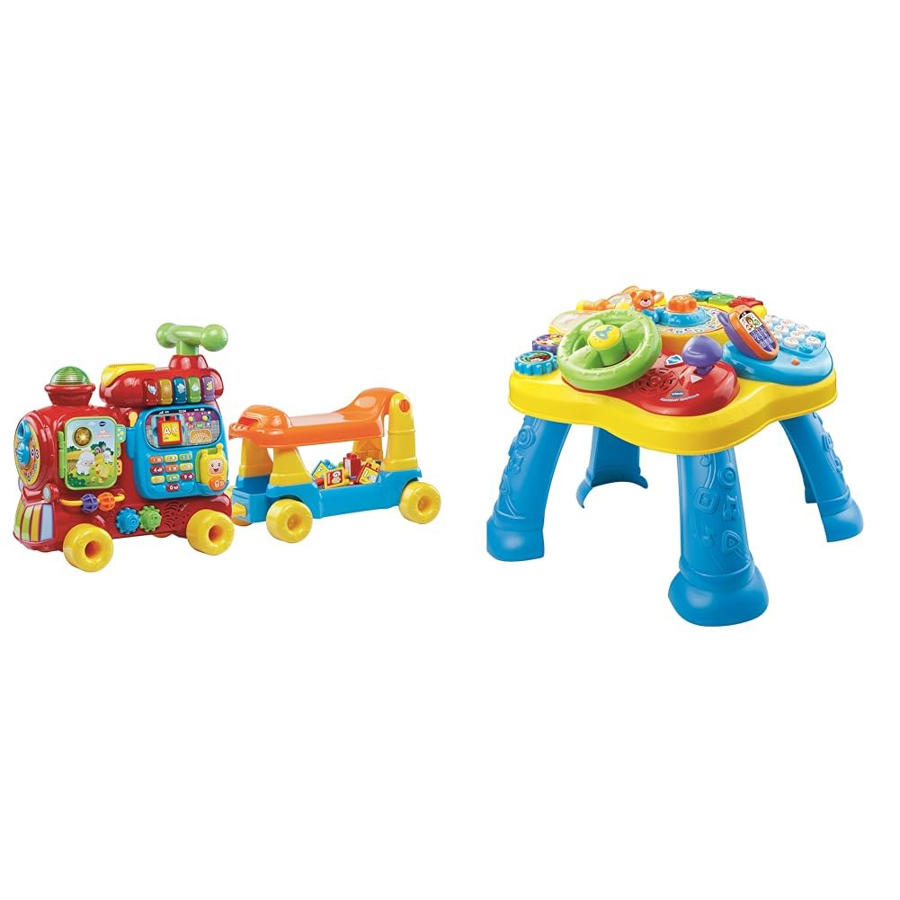 VTech ABC-Eisenbahnspielzeug, bunt, deutsch & Baby Abenteuer Spieltisch – Bunter Babyspieltisch mit