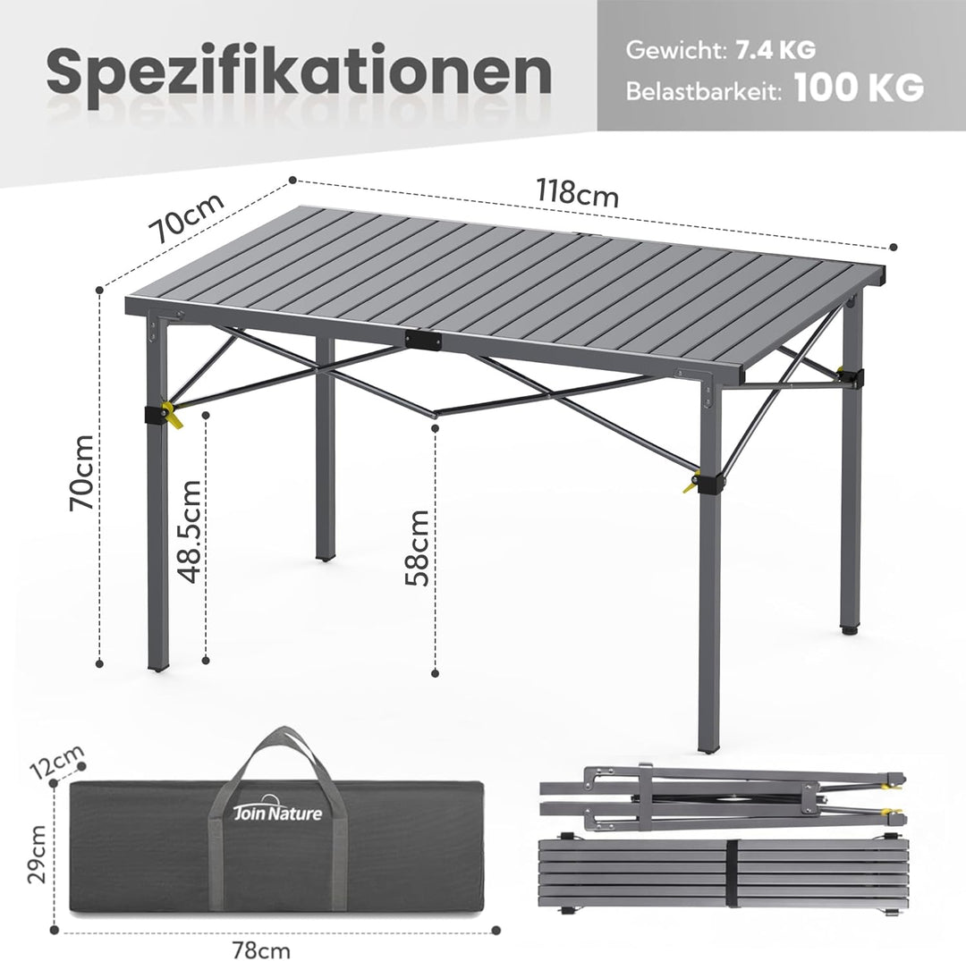 Campingtisch Klappbar Bis 100KG mit Tragetasche Alu Klapptisch für 6 Personen - Roll Up Camping Tisc