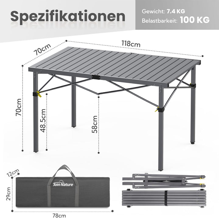 Campingtisch Klappbar Bis 100KG mit Tragetasche Alu Klapptisch für 6 Personen - Roll Up Camping Tisc