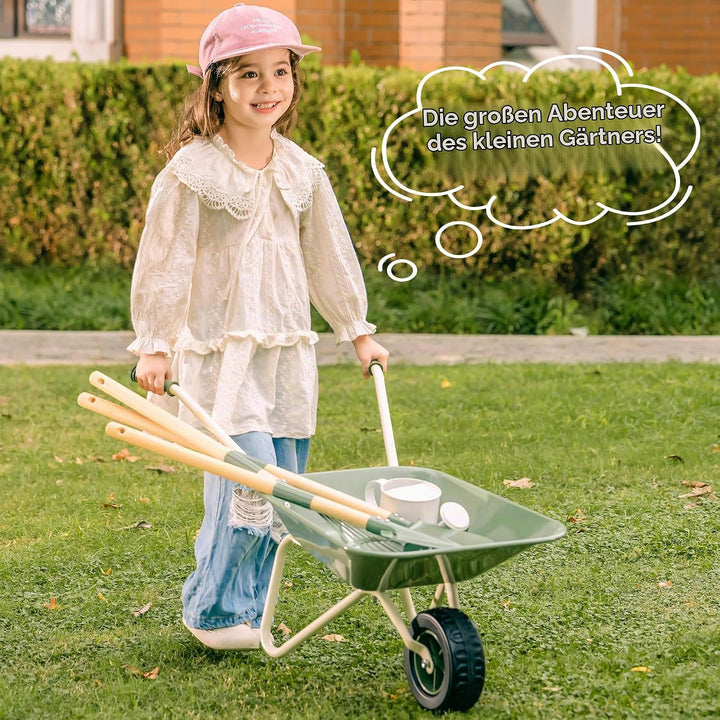 ROBUD Kinder Schubkarre Metall mit Kinder Gartenwerkzeug Set, Schubkarre mit Langer Schaufel, Hacke,