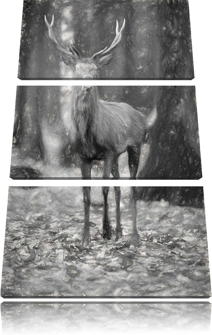 Pixxprint Schöner Hirsch im Wald als Leinwandbild/Grösse: 3 Teilig (120x80) cm/Wandbild/Kunstdruck/f