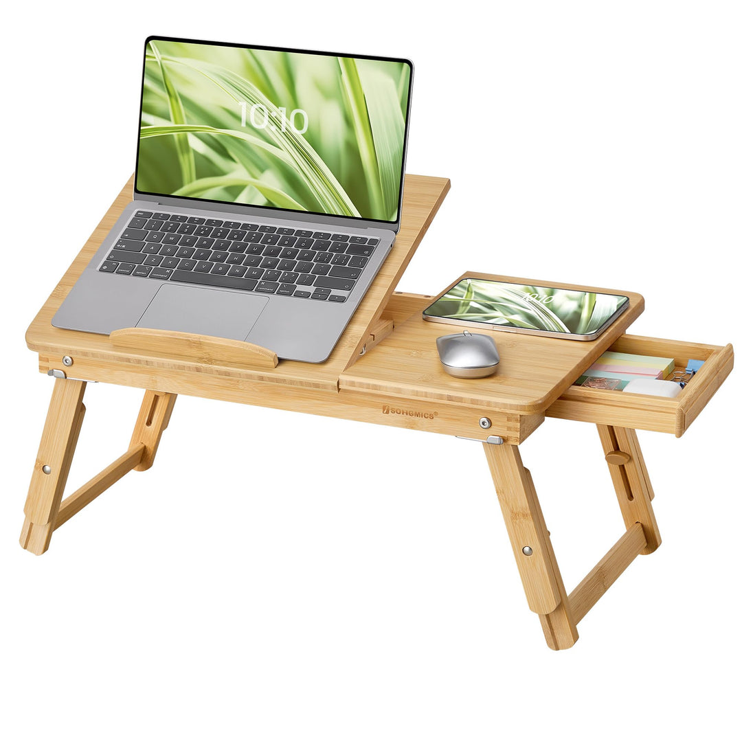 SONGMICS Höhenverstellbarer Laptoptisch mit Schublade, klappbarer Notebooktisch aus Bambus, Betttisc