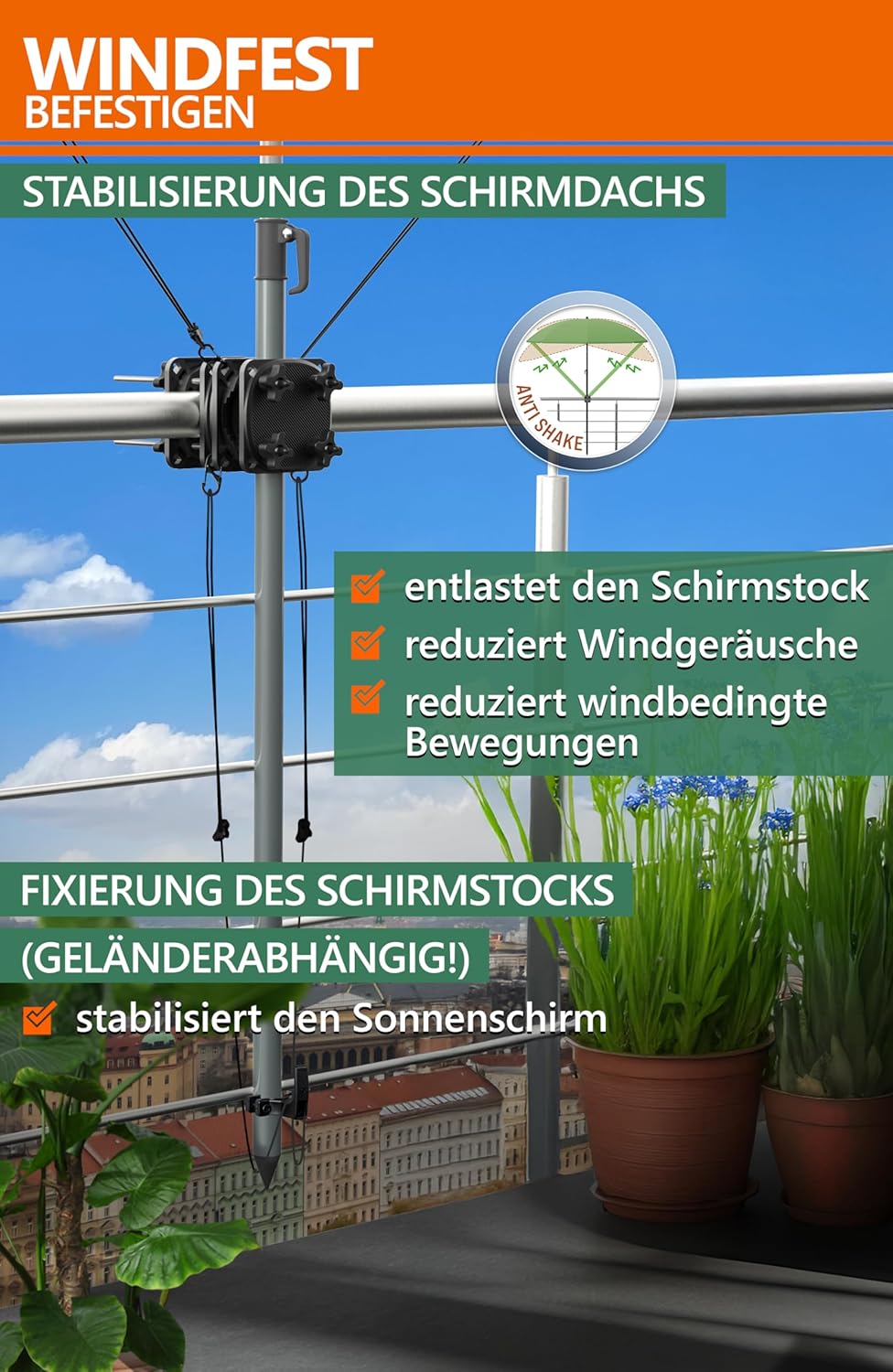 4smile Sonnenschirmhalter Balkongeländer SunnyGuy 2.0 in Schwarz + Windsicherung für Sonnenschirme -