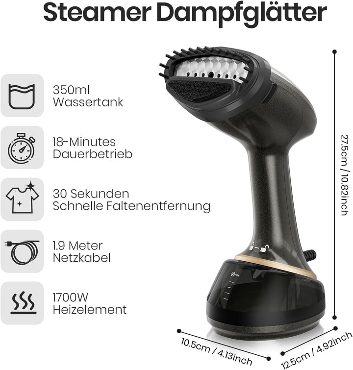 Steamer Dampfglätter 1700W Kompakter Dampfbürste mit 350ML Wassertank für Kleidung Hemden Anzüge Vor