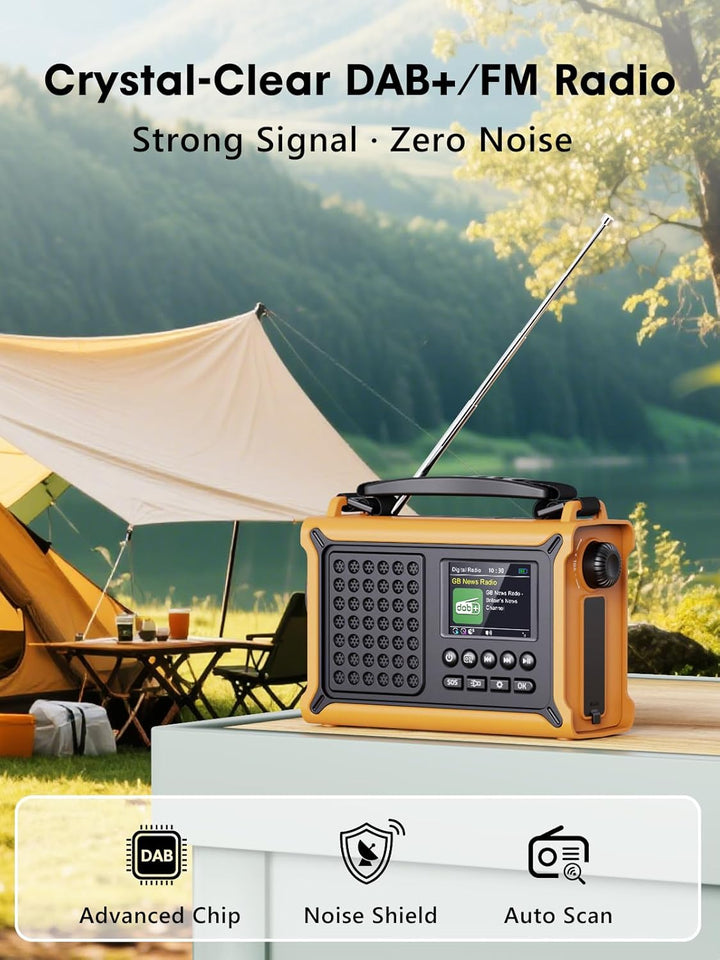ROCAM DAB+/UKW Radio mit Bluetooth, 12000mAh Kurbelradio mit 8500mm² Solarpanel & 650mA Kurbel, Trag