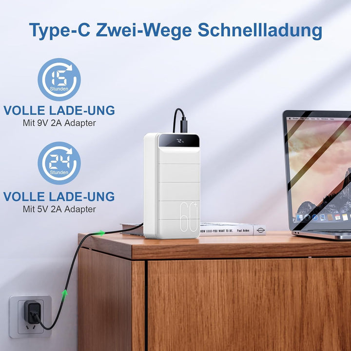 60000mAh Power Bank 22,5W Powerbank PD USB-C Schnellladefunktion Externe Akku mit 4 Ausgänge und 3 E
