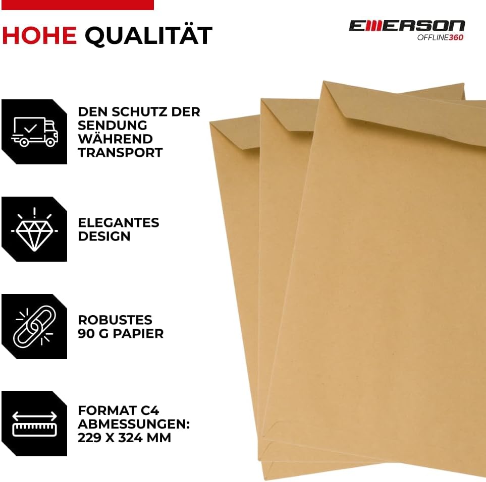 Emerson 250x Versandtasche DIN C4 Braun 229 x 324 mm 90g grosse Briefumschläge ohne Fenster gerade K