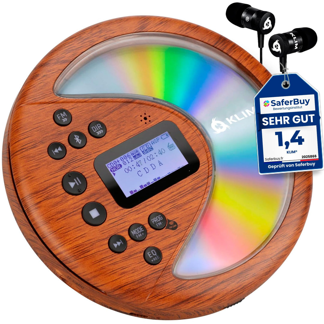 KLIM Discover Wood + Tragbarer CD-Player Walkman mit langlebigem Akku + Mit Kopfhörern + Radio FM +