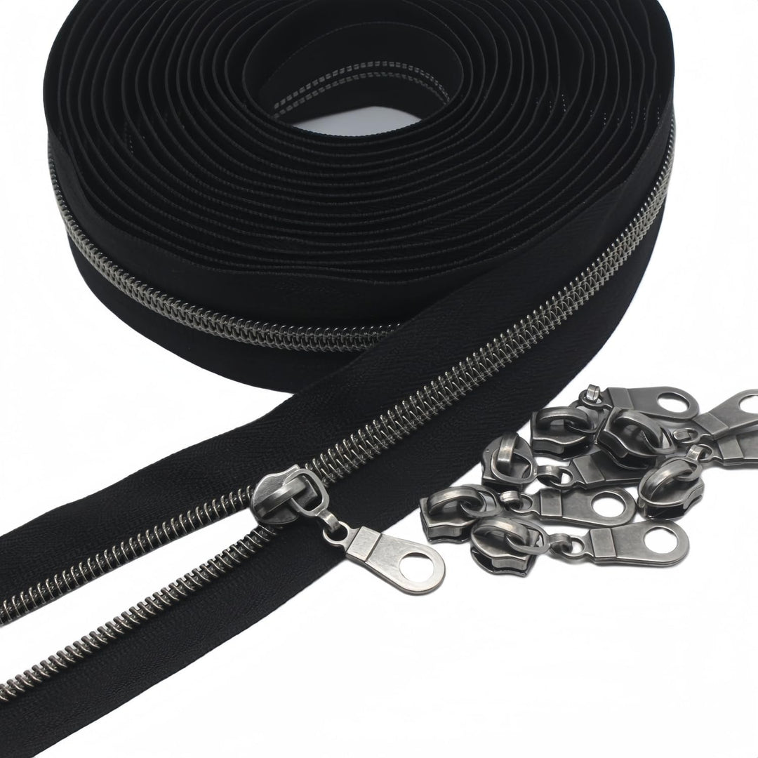 YaHoGa 9 m Altsilber endlos Reissverschluss Meterware Schwarze Reissverschluss 6mm-Spirale + 25 Nonl