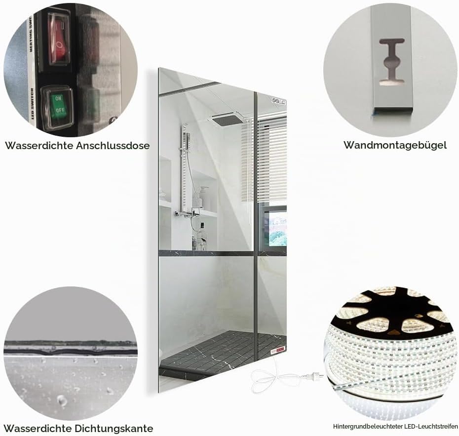 byecold Infrarotheizung Spiegel(80x60cm), 450W Spiegelheizung Elektrisch Infrarot, Wandmontage mit L