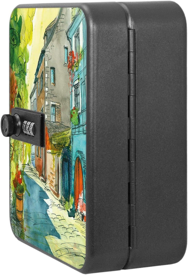 banjado® Burg-Wächter® abschliessbarer Schlüsselkasten mit Motiv Historische Stadt für 20 Schlüssel