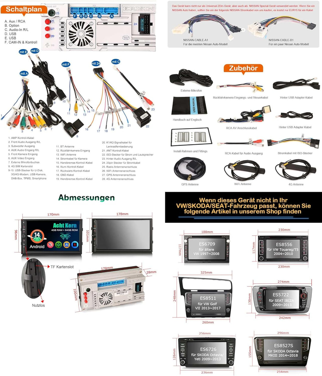 Erisin 2Din Universal Android 14 Autoradio Acht Kern 4GB+64GB DAB+ für Nissan mit 7 Zoll IPS Bildsch