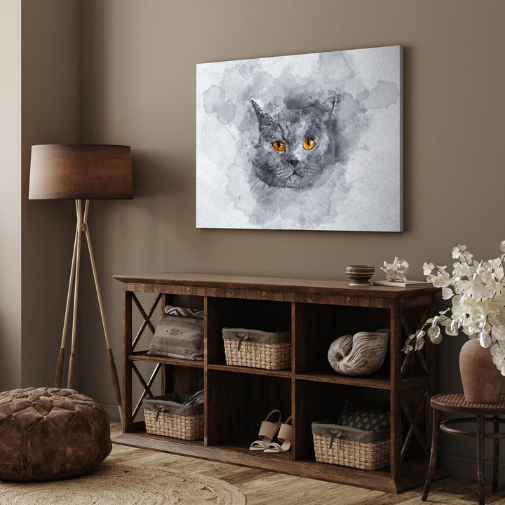 wandmotiv24 Leinwandbild Malerei, 100x75cm, Querformat, Aquarell, Katze, Deko, Bilder auf Leinwand,