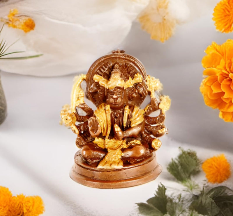 Purpledip Brass Idol Hanuman/Bajrangbali in Panchmukhi Avatar: Unique Copper Gold Finish for Home Te