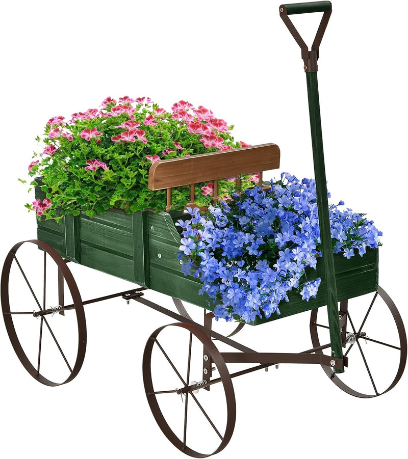 RELAX4LIFE Blumenständer mit 4 Rädern aus Metall, Pflanzwagen aus Massivholz, Holzwagen bis zu 15 kg