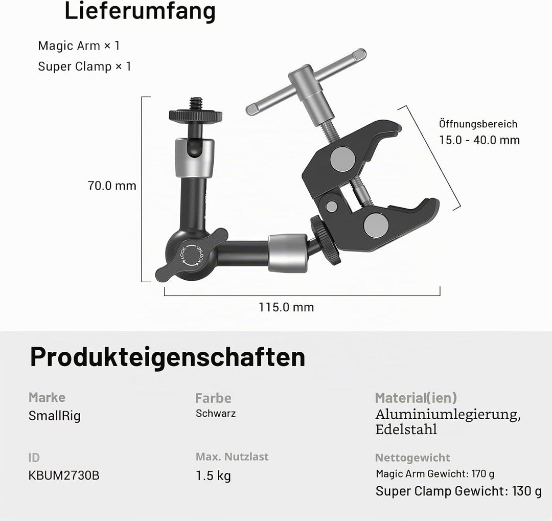 SMALLRIG 5 Zoll Magic Arm mit Super Clamp Large Crab Zangenclip für Monitor LED Licht - KBUM2730, 5