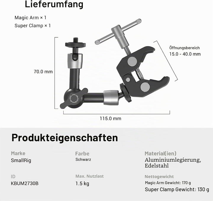 SMALLRIG 5 Zoll Magic Arm mit Super Clamp Large Crab Zangenclip für Monitor LED Licht - KBUM2730, 5