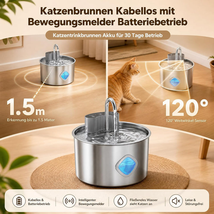 Trinkbrunnen für Katze Kabellos 3.2L mit Bewegungsmelder ＆ 2 Ersatzfiltern | Edelstahl, Leiser, Wass