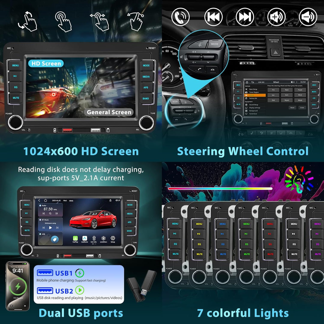 Bluetooth Autoradio mit Wireless CarPlay & Android Auto,für VW Golf 5/6,Passat,Skoda,Polo,T5,Jetta,T