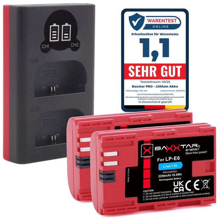 Baxxtar Pro LP-E6 Akku Pack / 2040mAh / mit 18602 LCD DUAL Ladegerät (Eingang USB-C und MicroUSB) 2x