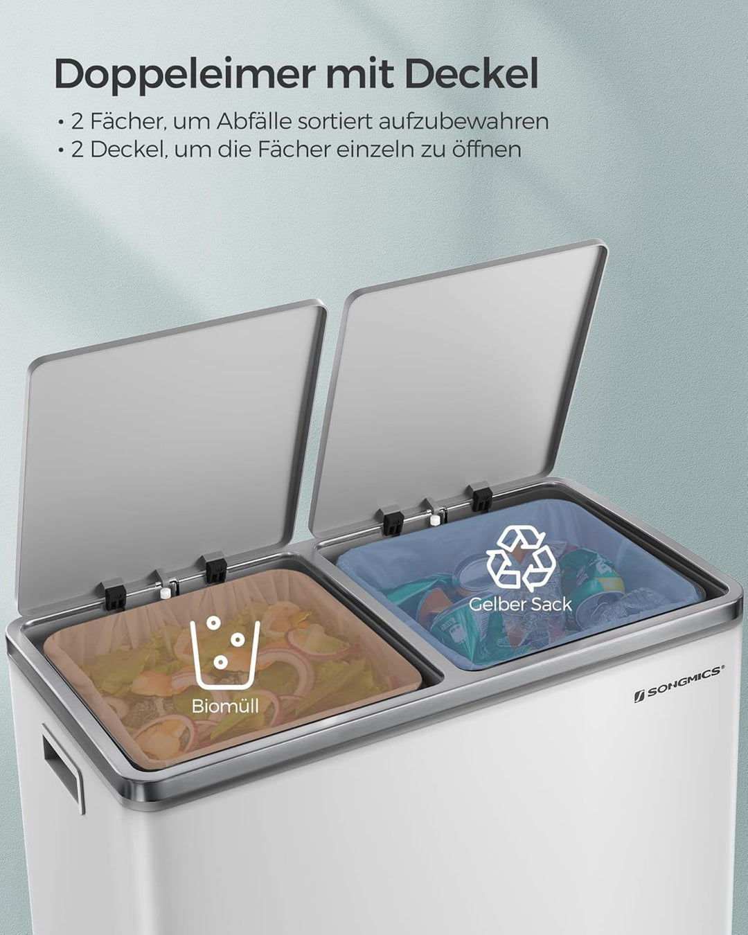 SONGMICS Mülleimer, 2 x 30 Liter, 2 Fächer, Mülltrennsystem, Treteimer, Abfalleimer Küche, 15 Müllsä