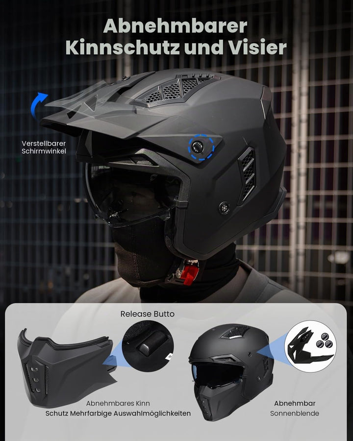 ILM Helm Motorrad Motocross Herren Damen Vintage Retro mit Visier ECE Model Z302,Schwarz Matt, M M S