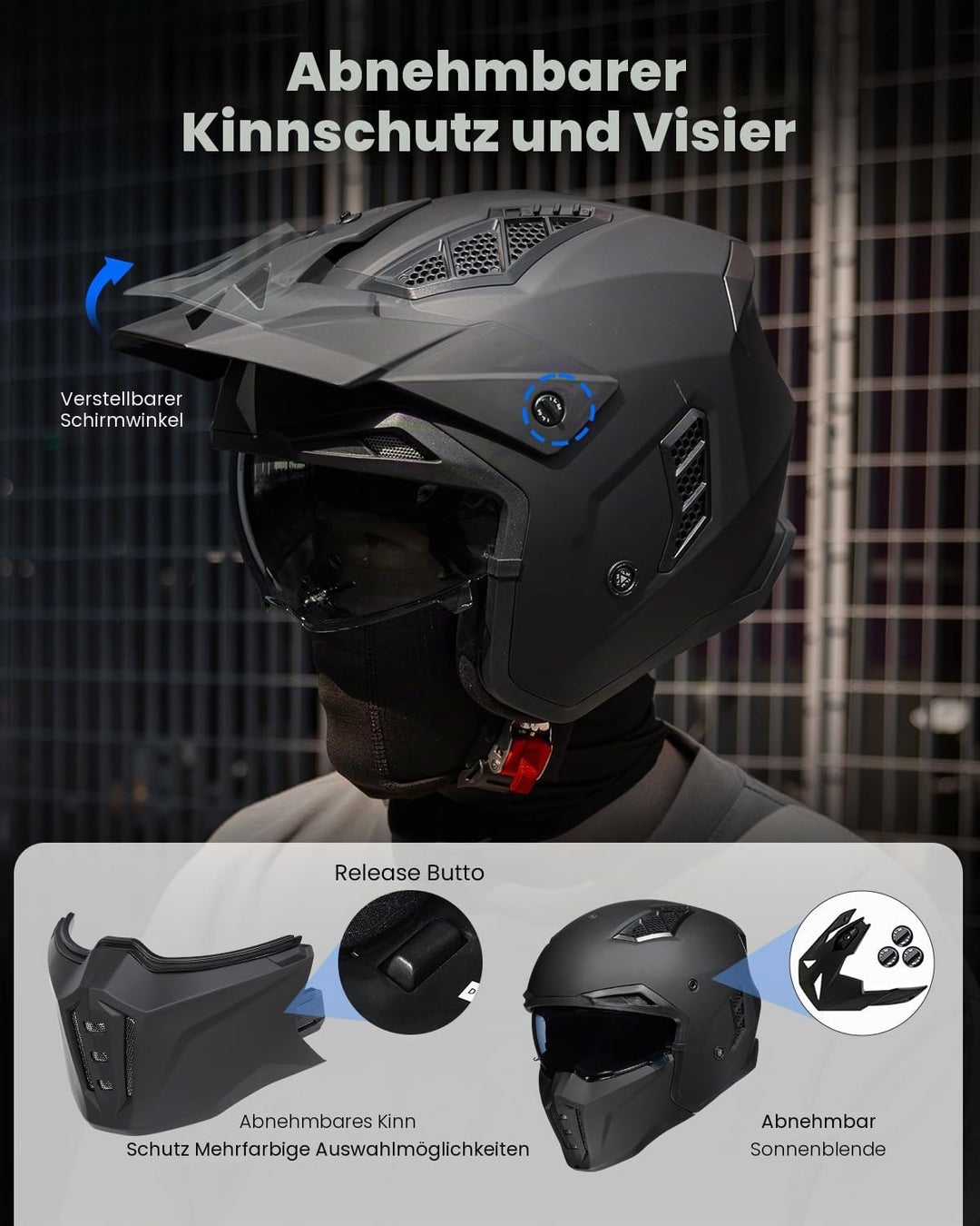 ILM Helm Motorrad Motocross Herren Damen Vintage Retro mit Visier ECE Model Z302,Schwarz Matt, XL XL