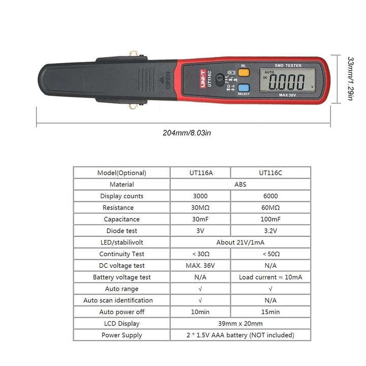 UNI-T UT116A SMD Tester Meter Multimeter Rotable Tweezer Resistance Capacitance LED Diode Continuity