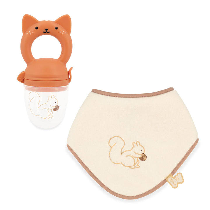 Kaloo – Set mit Lätzchen und Nager-Beissring Eichhörnchen – Babyzubehör für die Beikost – Weiches Si