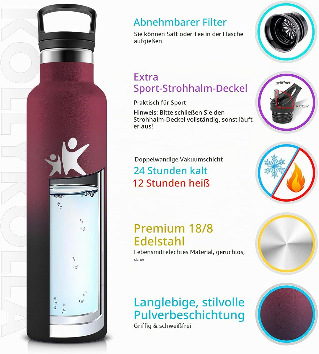 KollyKolla Trinkflasche 750ml, Thermosflasche mit Strohhalm, Isolierflasche BPA-Frei Auslaufsicher,