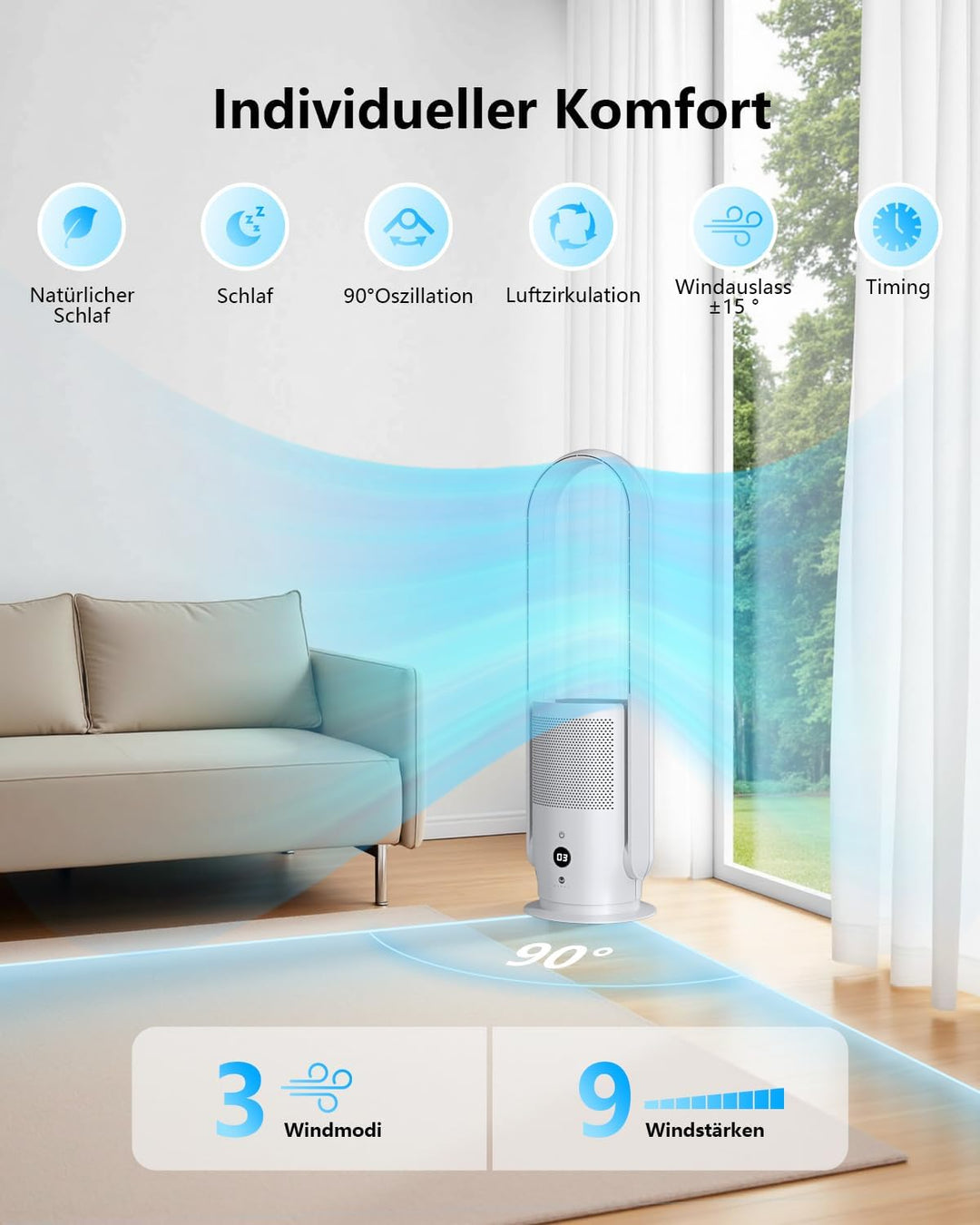 Ultty Rotorloser Ventilator mit Luftreiniger, Turmventilator Leise mit Fernbedienung, Touch, HEPA Fi